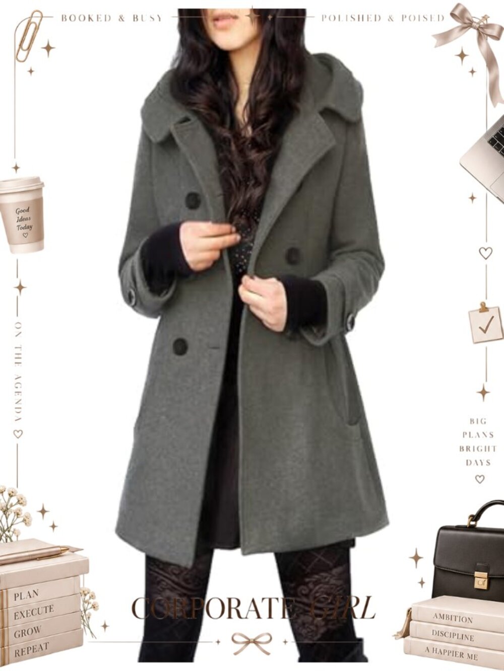 Warm Double Breasted Wool Pea Coat Trench Jacket with Hood